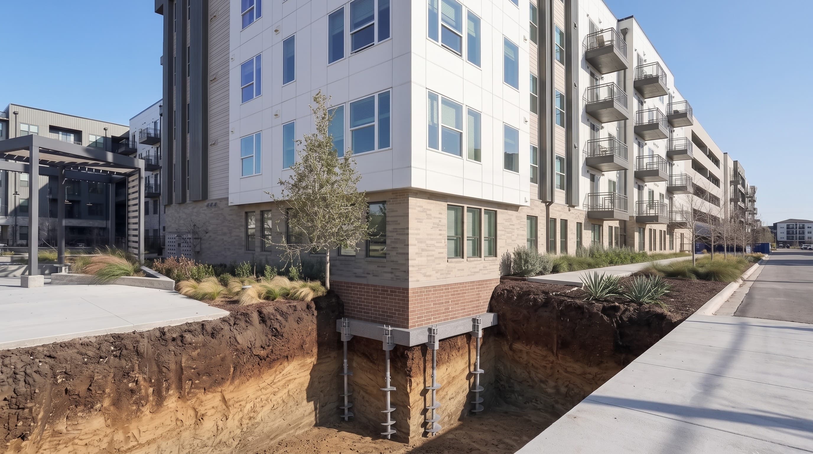 An apartment building corner with a foundation cutaway revealing helical piers in the ground