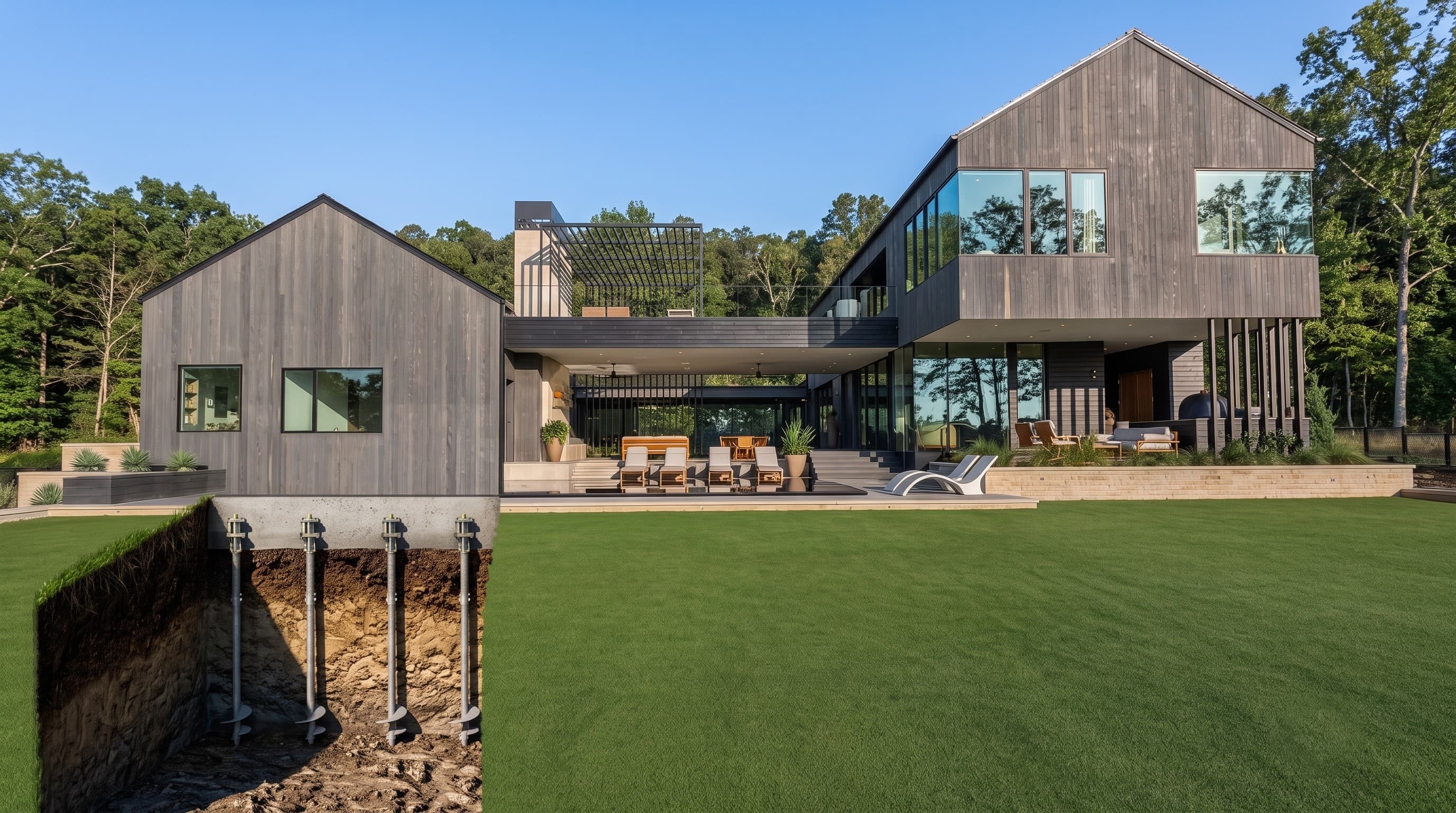 A modern home with a foundation cutaway revealing helical piers in the ground
